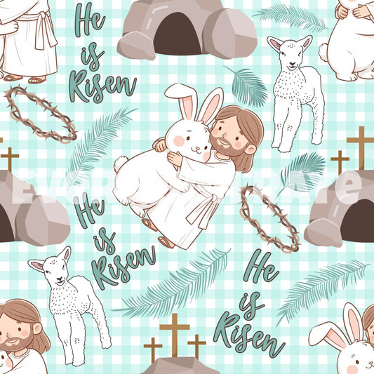 He is Risen gingham blue